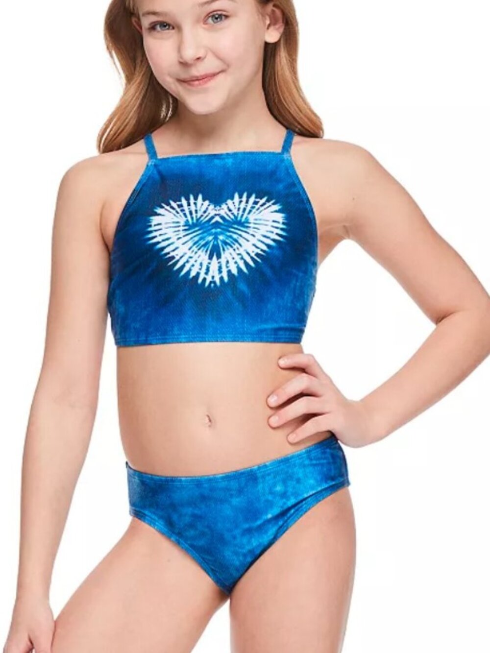 NWT Breaking Waves Girls 2 PC Swimsuit SZ 14 Denim Blue Heart X-Back